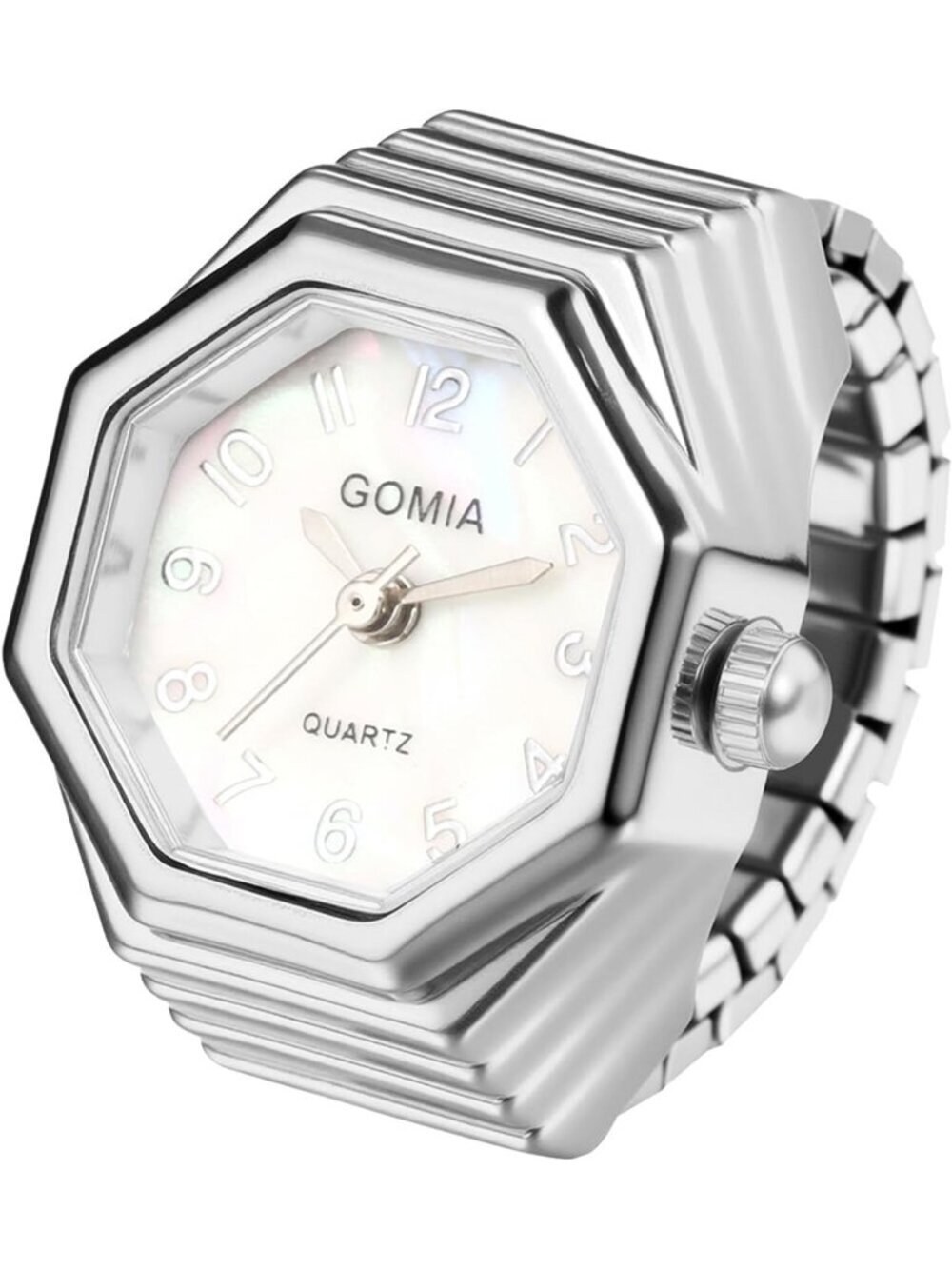 Unisex Silver Analog Quartz Stretchy Elastic Band Octagon Dial Finger Ring Watch